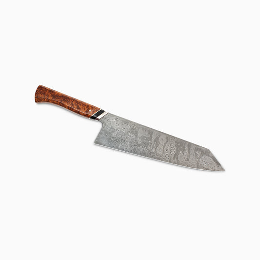 Rhymer Knives | Custom 8" Damascus K-Tip Gyuto w/ Amboyna Burl Handle